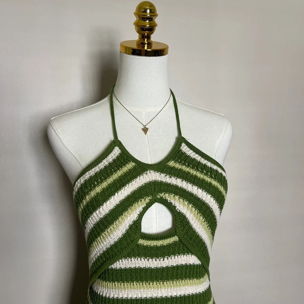 Sincerely Jules Green Striped Crochet Halter Midi Dress Keyhole Cutout Size M‎